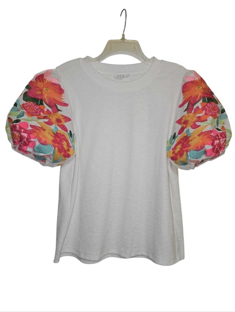 THML White Floral Embroidered Puff Sleeve Knit Top Large